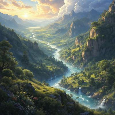 Primary subject: A beautiful landscape with a river flowing through a valley, surrounded by mountains and lush greenery.

Setting/background: The image features a serene, natural environment with a river, mountains, and lush greenery.

Visual style: The image is a digital art piece, showcasing the artist's skill in creating a realistic and captivating scene.

Colors and mood: The colors in the image are predominantly green, with the lush greenery and the